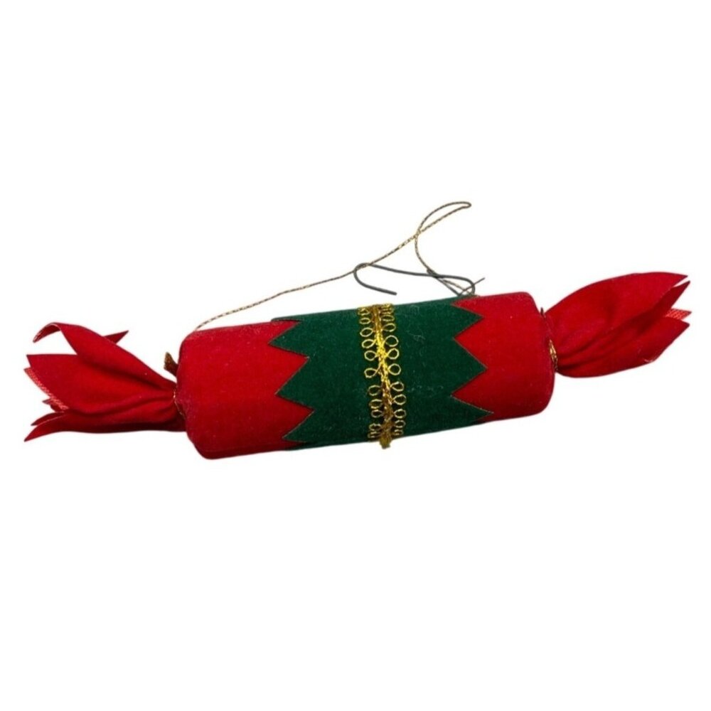 Christmas tree ornament present velvet red green gold trim cylinder 6" READ